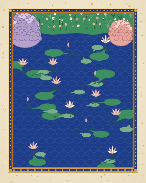 Lotus pads and pink and white flowers float on lapis water patterned with curling ripples, below a grassy bank with rocks.