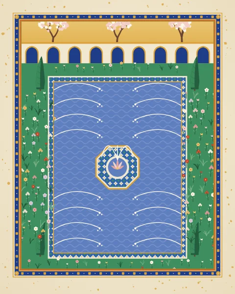 A long pool framed in blue and white tile, with jets of water arcing over it and cypresses at each corner, before an arcaded wall.