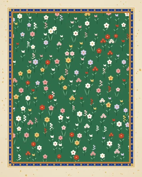 An all-over field of small flowering plants on deep green, each one drawn separately.