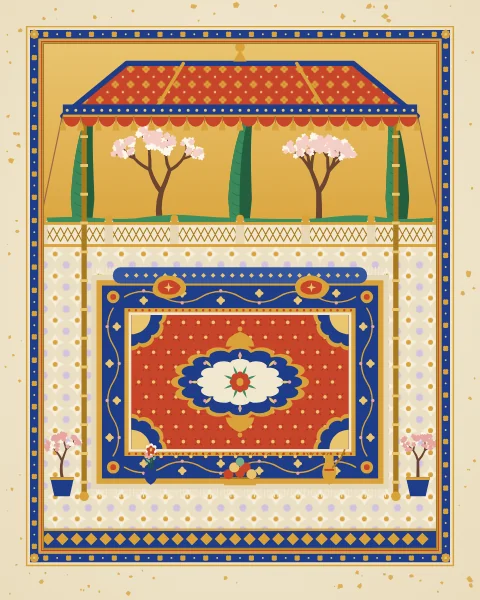 A medallion carpet with a vine-scroll border is laid on a tiled terrace beneath a red and gold canopy with a tasselled valance, set with cushions, a tray of fruit, a ewer and a vase of flowers, with cypresses and blossoming trees beyond the balustrade.