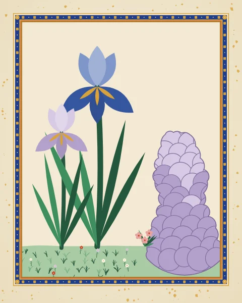 Blue and lilac bearded irises with tall sword-shaped leaves and a small rose bush grow at the foot of a spongy lilac rock on a pale ground.