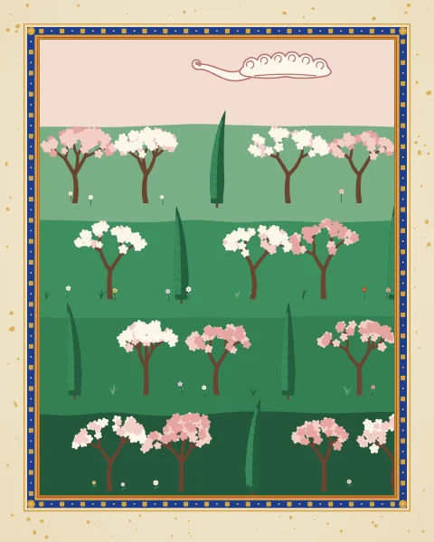 Rows of blossoming fruit trees stacked one above the other on bands of green, under a pale rose sky.