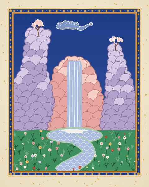 A waterfall drops from a rose rock into a pool between lilac crags, then runs away as a stream through a flowering meadow.