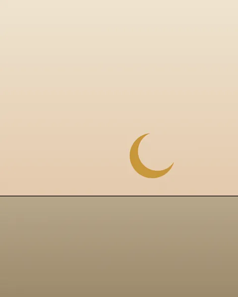 A hairline of ink crosses the sheet about two-thirds of the way down. Above it the paper warms from pale oat to a soft dusk; below, a field of sand deepens towards the foot. Just above the line and right of centre hangs one slim gold crescent.