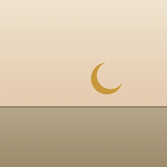 A hairline of ink crosses the sheet about two-thirds of the way down. Above it the paper warms from pale oat to a soft dusk; below, a field of sand deepens towards the foot. Just above the line and right of centre hangs one slim gold crescent.