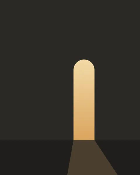 A charcoal sheet with a darker floor band at its foot. Right of centre stands a single tall, narrow round-headed opening, filled with warm light that deepens from pale gold to amber, and a soft wedge of that light falls across the floor.