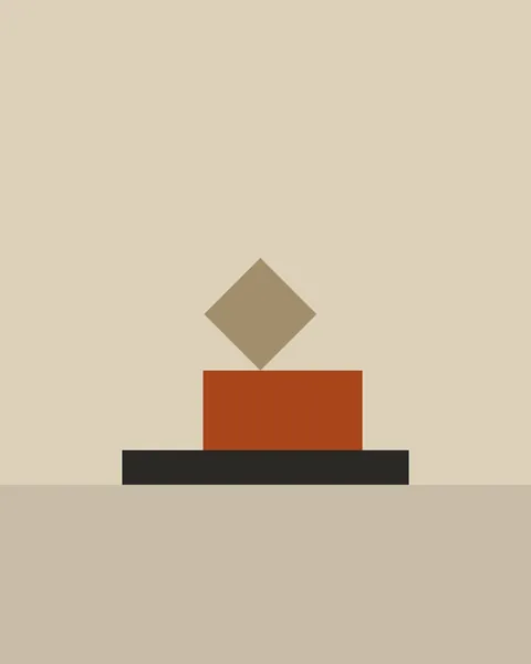A low charcoal slab rests on a band of putty near the foot of an oat sheet, with a wide clay block on top of it. On the block a sand square stands on a single corner, tipped forty-five degrees, a little left of the block's centre.