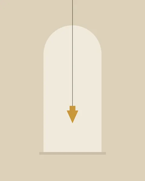 A tall round-headed niche in warm paper is set into an oat sheet, with a narrow putty sill. An ink hairline drops from the top edge down the middle of the niche and ends in a small gold plumb bob.