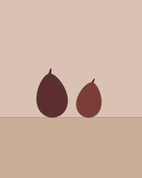 Two ripe figs in deep plum, one larger and one smaller, stand side by side on a pale rose ledge against a soft pink wall.