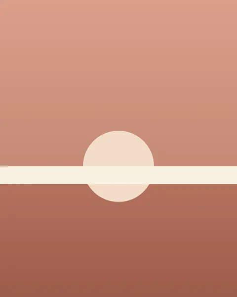 A cream band crosses the full width of a rose ground a little below the middle, laid across a pale, round sun. Above, the rose lightens towards the top; below, it deepens to a warm terracotta.