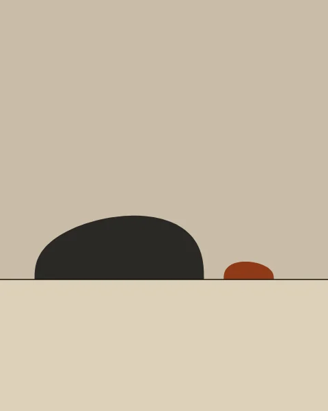 A smooth, rounded charcoal stone sits on a fine ink line, with a small clay pebble a little way to its right. Above the line the ground is putty; below it, a band of oat.