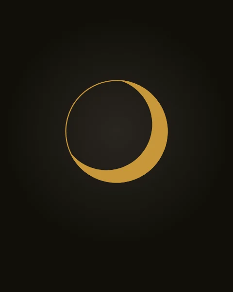 A fine gold circle floats just above centre on an ink ground warmed by a faint glow. Along its right-hand side the line thickens into a solid gold crescent, its outer edge following the circle exactly.