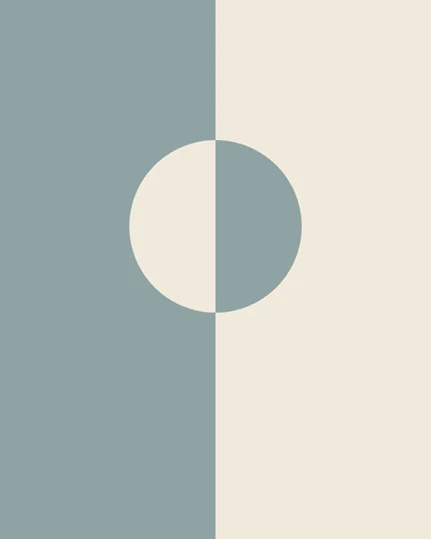 The sheet is divided exactly in half, dusty slate blue on the left and warm paper on the right. A circle sits on the seam with its colours swapped, paper on the slate side and slate on the paper side.