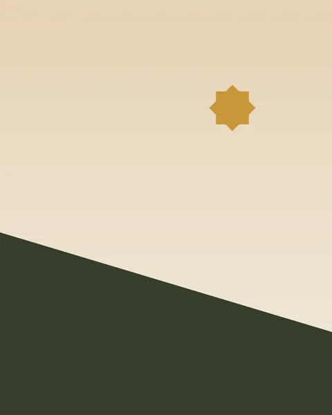 The lower part of the sheet is filled with deep moss, its upper edge a straight line falling from just above the middle on the left to the lower quarter on the right. Above, warm paper deepens slightly towards the top, and a small gold eight-point star hangs high on the right.