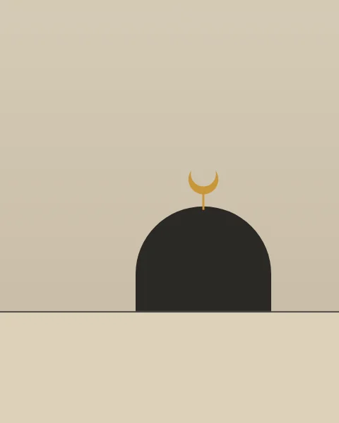 A crisp charcoal hairline crosses the sheet near the bottom, with pale putty above it and oat below. Just right of centre a small charcoal dome sits on the line, topped by a short gold rod and a small gold crescent.