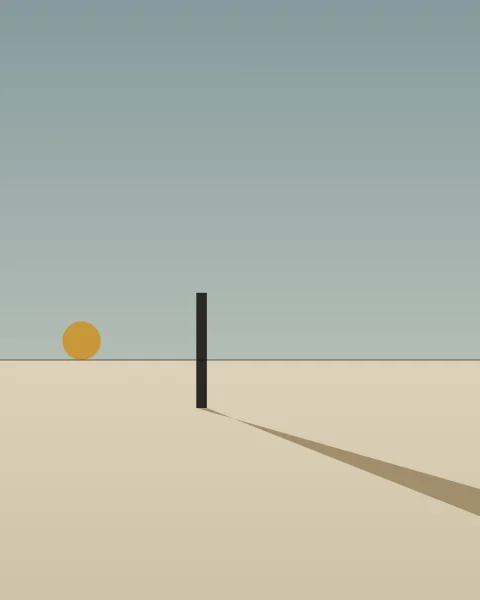 A pale slate sky meets a field of oat at a hairline horizon. A small gold sun sits on the horizon at the far left, and a single slim charcoal post stands on the ground, its sand-coloured shadow stretched long across the field towards the lower right corner.