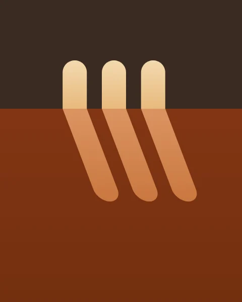 A shaded brown wall with a few bright, round-headed openings, and below them their light thrown long across a clay floor as leaning arch shapes.