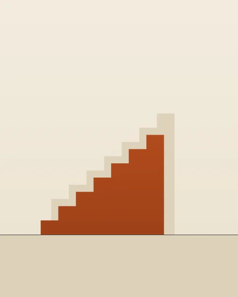 A clay stair rises from left to right against a pale wall, with its stepped shadow falling just above and behind it, over a band of oat floor.
