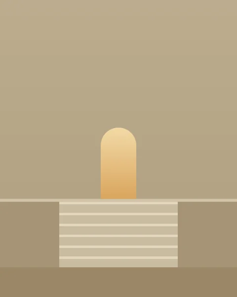 A broad flight of pale steps climbs a sand-coloured terrace to a single arched doorway lit gold from within.