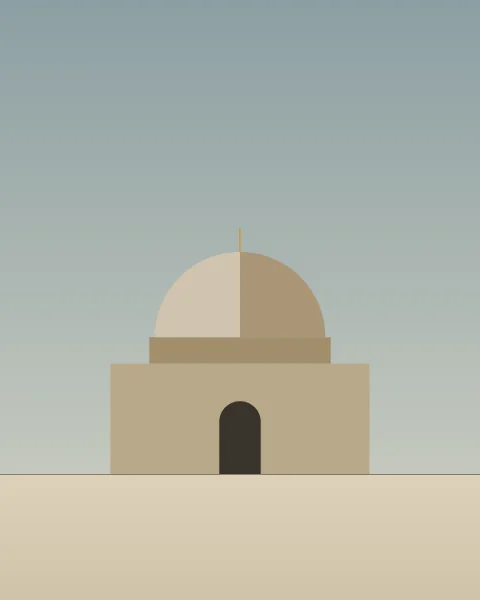 A small domed building on a plain ground under a slate sky: a square block with a dark arched door, a narrow drum, and a dome lit on one half and in shade on the other.