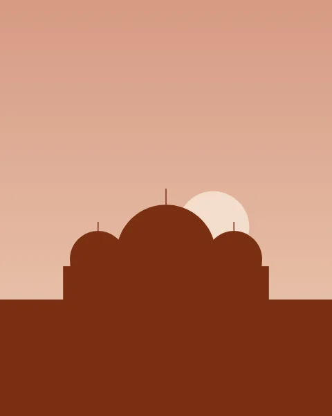 The dark clay silhouette of a long, low building with one large dome and two smaller ones against a rose evening sky, a pale sun half hidden behind the main dome.
