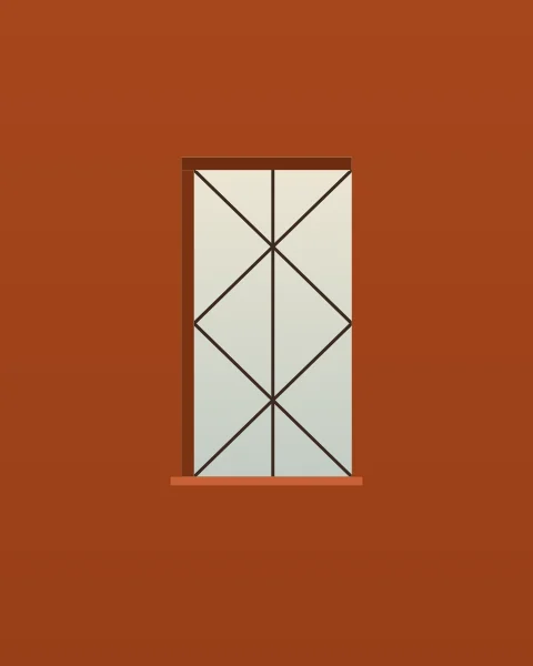 A tall window set deep in a clay wall, filled with pale sky and crossed by a few dark battens that meet in long diamonds.