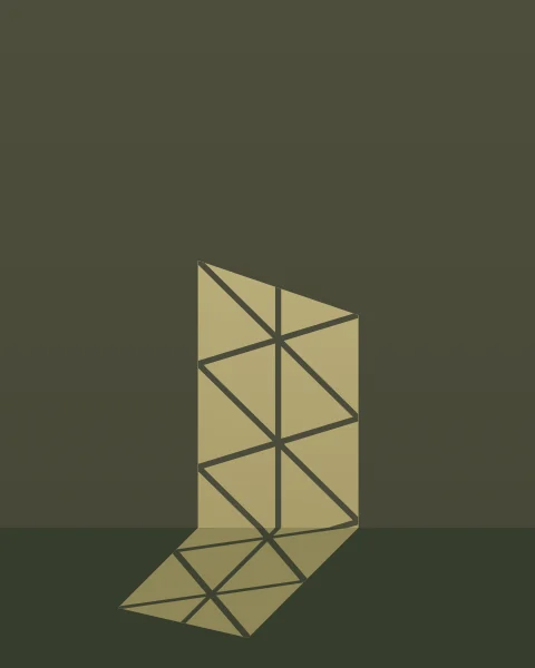 On a deep moss wall, a slanting patch of warm light is crossed by a lattice of diamond-shaped shadow, and folds at the foot of the wall onto the floor.