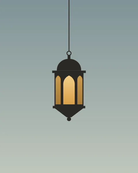A single charcoal lantern hangs on a long rod from the top edge of a slate-blue dusk. Under its domed cap, three pointed panes glow amber, the front one brightest, above a tapering base and a small drop finial.