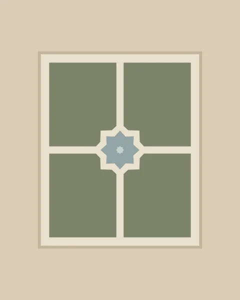 A plan of a walled garden: four moss-green beds divided by two pale paths that meet at an eight-pointed star pool in the centre.