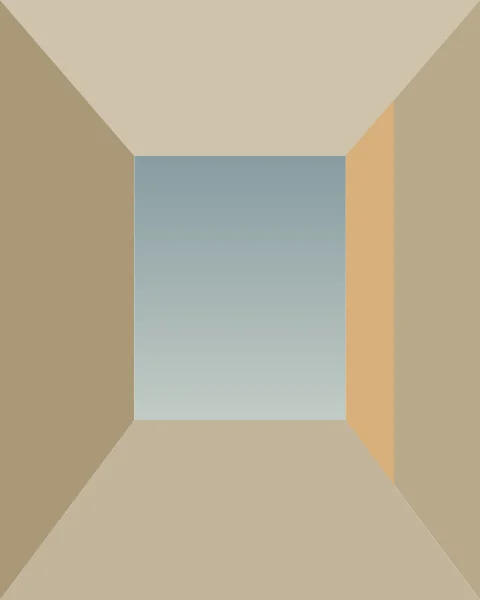 Looking straight up from the floor of a courtyard: four walls in sand, putty and oat lean in towards a rectangle of slate sky, the top of one wall caught by late sun.