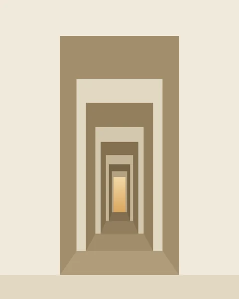 A view through a line of doorways, one behind the other, each smaller and deeper in tone than the last, ending in a small doorway of warm gold light.