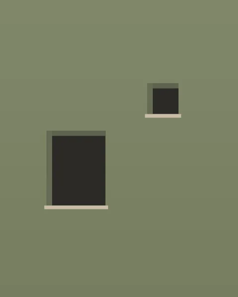 A moss-green wall pierced by two dark windows: a larger one low on the left and a small square one high on the right, each with a pale sill.