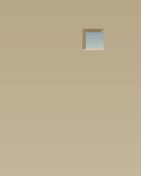 A broad sand-coloured wall with one small, deep-set square window near the top, showing a patch of pale sky.