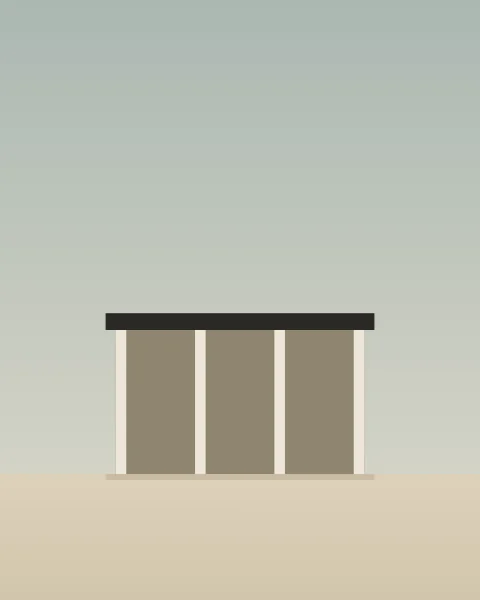 A low, open pavilion stands on a plain ground under a pale sky: a thin dark roof slab held by slim pale columns, the wall behind in shade.