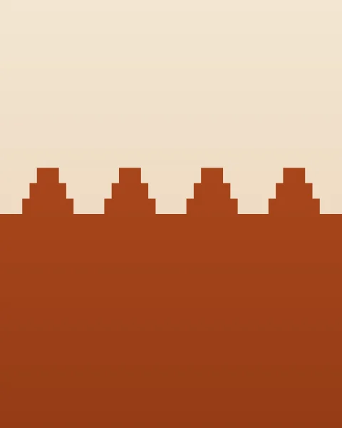 The top of a clay wall against a pale peach sky, crowned by a row of stepped merlons.