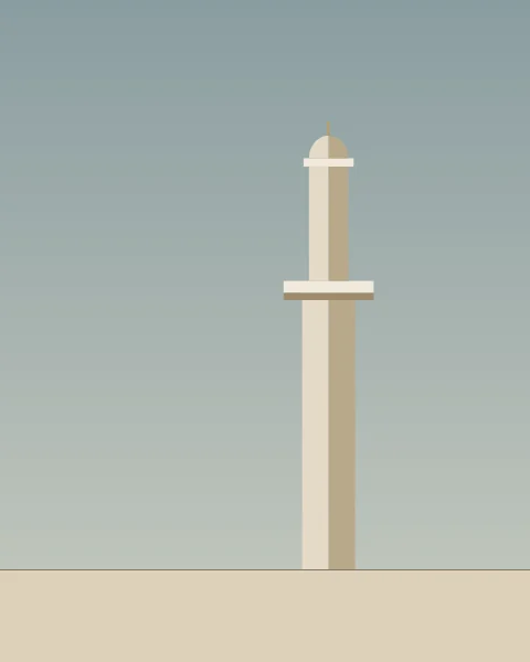 A slender minaret, lit on one side and shaded on the other, stands to the right of centre under a slate sky, with one balcony, an upper shaft and a small dome.