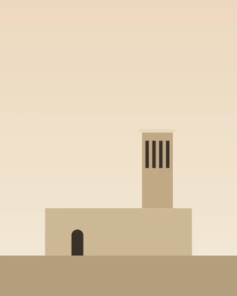 A low flat-roofed house of sand-coloured plaster with a small arched door; above it rises a square tower with a row of dark vertical slots near the top.