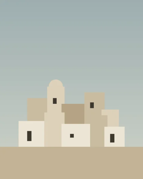 A cluster of flat-roofed houses in cream, oat and sand rises in steps under a pale sky, with a few small dark windows and one small dome.