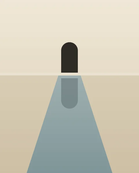 A long pool of slate-blue water runs back across a pale courtyard to a single dark arched doorway, which is reflected in the water.