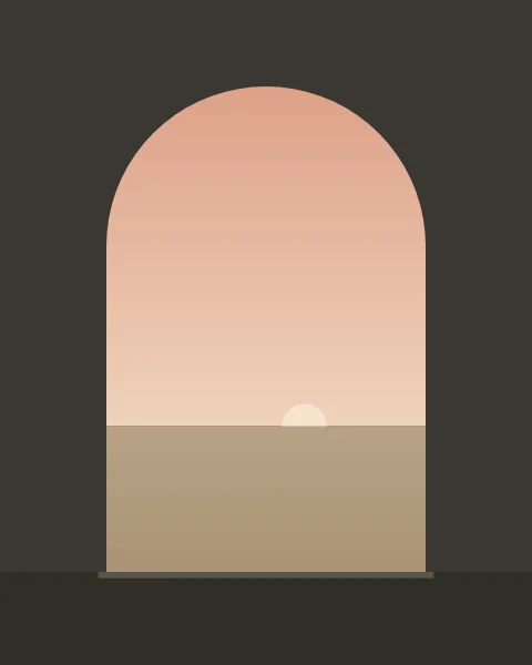 A large round-headed opening in a dark wall frames a rose evening sky, a low horizon and a small pale sun just setting.