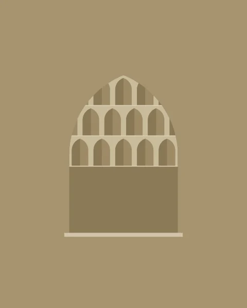 A pointed niche in warm sand tones, its hood filled with tiers of small pointed cells stepping down from the crown.