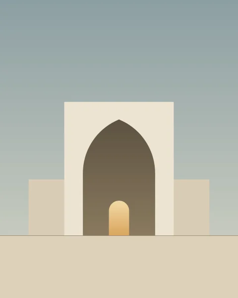 A tall pale gateway with a deep pointed recess, flanked by lower wings under a slate sky; a small gold-lit doorway sits at the back of the recess.
