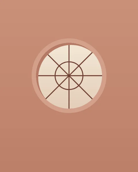 A round window in a dusky rose wall, with a lighter ring around it, a crescent of shade inside its upper left edge and a few thin dark lines dividing it into eight.