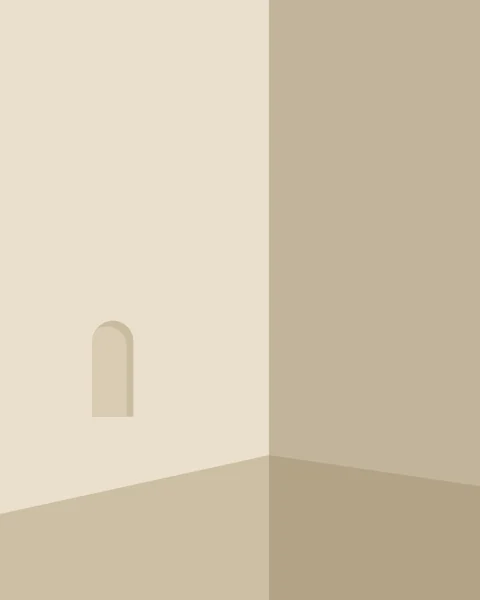 The inside corner of a room: the left wall in warm light with a small arched niche, the right wall in shade, and the floor running away from the corner on both sides.