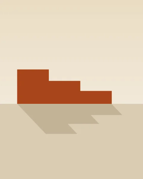 A clay garden wall steps down in three stages across a pale ground, its stepped shadow falling forward and to the right.