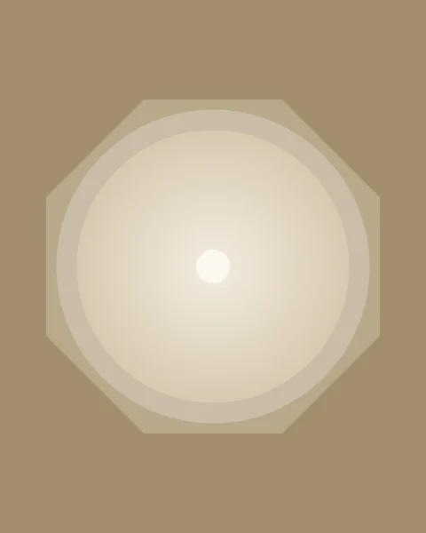 Looking straight up inside a domed room: an octagonal ring, a band of putty, and the pale dome itself brightening towards a small round opening at the top.
