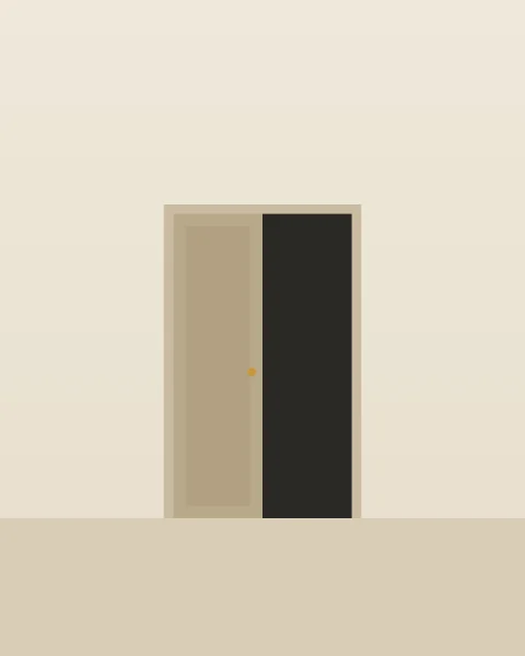 A pale wall with a tall double doorway: the left leaf closed, in sand with a small gold handle, the right leaf open onto a dark interior.