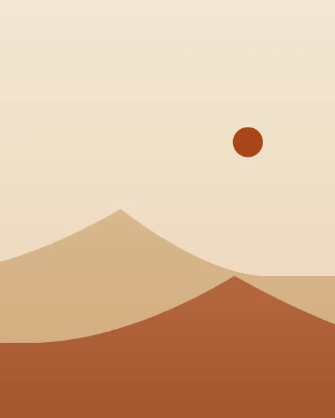 Two dunes cross the lower half of a warm sky: a pale sand ridge behind and a terracotta one in front, each with a long windward slope and a short steep face. A small clay sun hangs above.