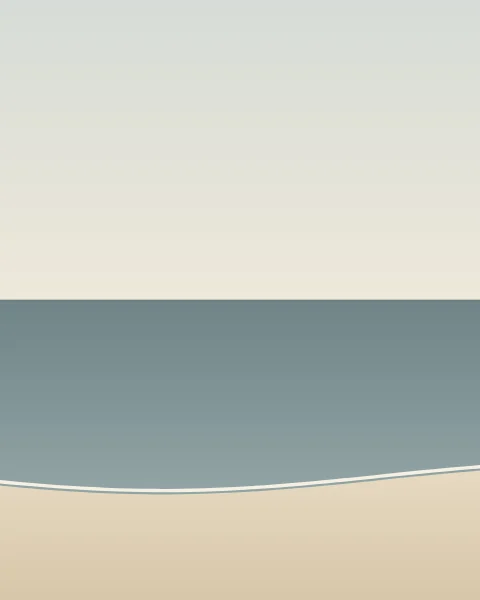 Three bands: a pale sky, a slate sea below a hairline horizon, and a strip of sand at the bottom edged with a thin white line of foam.