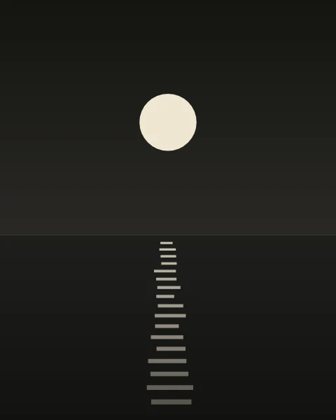 A full moon above a dark sea at night. Below it, the moonlight lies on the water as a column of short pale strokes that widen and fade towards the foot of the print.